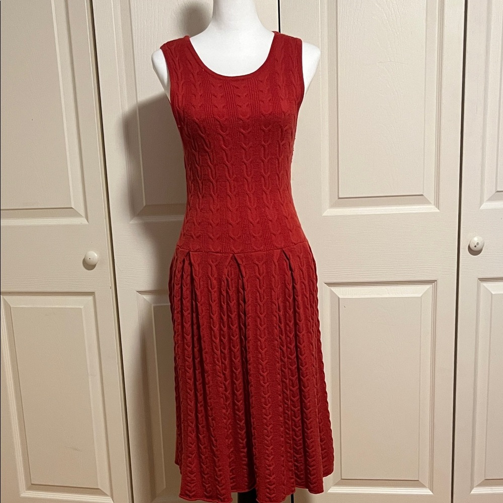 Cable knit dress, orange, 100% wool, women’s size large